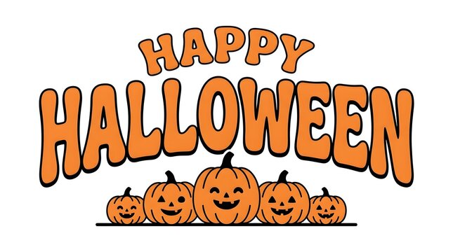 This vibrant and festive halloween typography design showcases the word 'halloween' in bold orange letters complemented by three cheerful jack o' lanterns creating a delightful