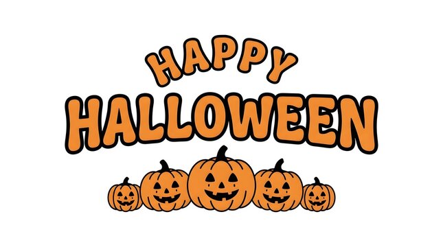 This vibrant image showcases a festive 'happy halloween' typography design featuring bold orange lettering with a textured effect complemented by a row of smiling jack