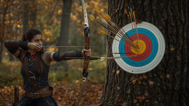 Woman in full archery competition gear drawing bow aiming at target with arrows in tree generative AI