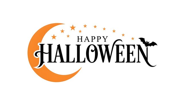 This captivating halloween typography design showcases a beautifully crafted 'happy halloween' message enhanced by a crescent moon and delicate bat silhouettes evoking the spooky and