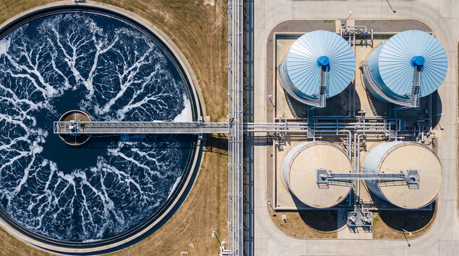 Aerial top-down view of a circular water treatment clarifier tank beside storage silos and pipelines