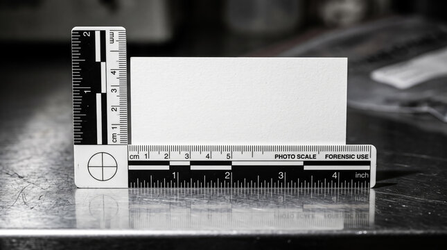 Forensic scale ruler placed beside a blank white card for crime scene evidence