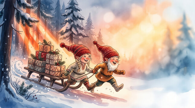 Cute Christmas gnomes pulling sled with gifts in winter forest watercolor illustration, scandinavian holiday background