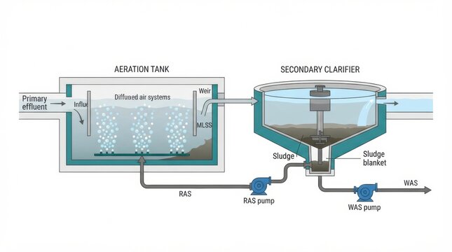 Diagram displays the steps of sewage purification using activated sludge process with aeration tank and secondary clarifier in a treatment plant.