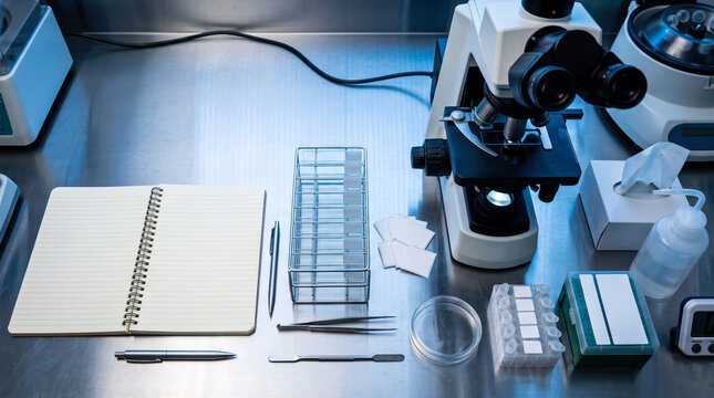 Organized forensic microscopy workspace with microscope and lab equipment set