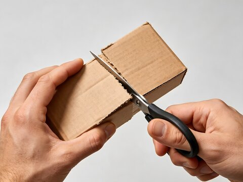 Hands using scissors to cut a cardboard box on grey background