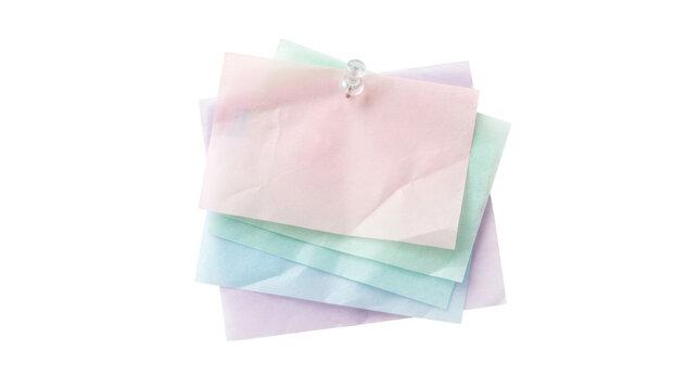 Pastel-colored translucent papers pinned with clear pushpin on white