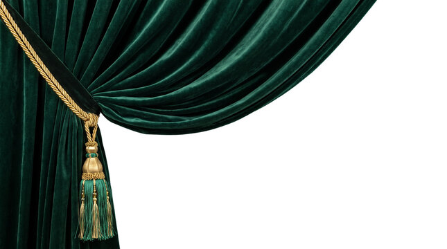 Luxurious Emerald Green Velvet Theater Curtain with Gold Tassel Isolated Cutout PNG Element