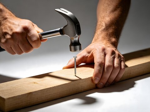 Carpenter hands hammering metal nail into wooden plank