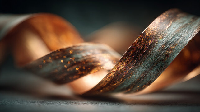 Swirling ribbon of copper and bronze twisting on a surface