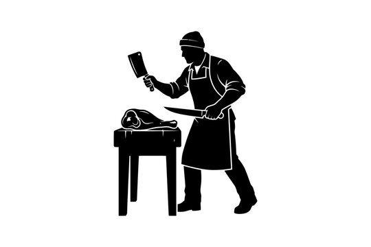 Silhouette of male butcher cutting meat with cleaver in apron.