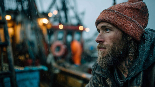 Man on a fishing boat looks out at the water during a rainy evening in a coastal area