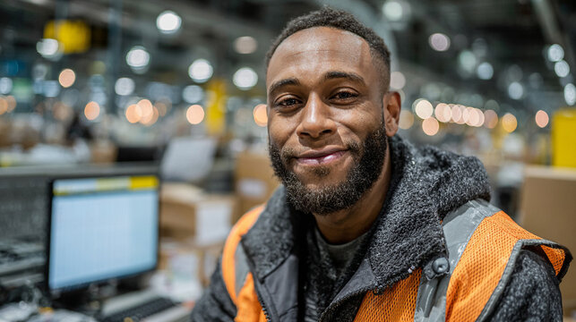 Center employee working at a warehouse while smiling for the camera during a busy shift