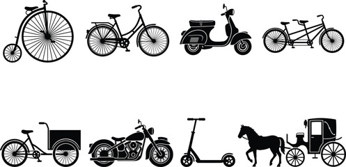 Black and white of various bicycles and a horse pulling a cart bike line vintage style classic bicycle © MdAshik