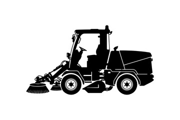 Fototapeta premium Black silhouette of street sweeper vehicle in profile view.