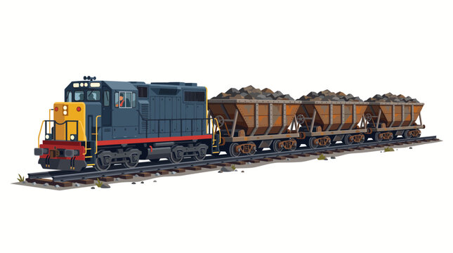 Freight train with diesel locomotive and ore hopper wagons transporting resources, side view, vector illustration on white background