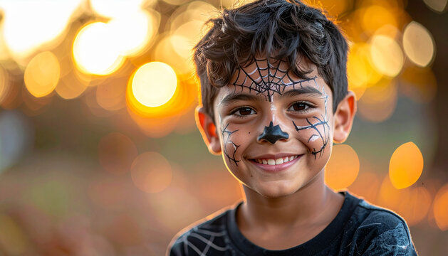 Child with spiderweb face painting smiling mischievously in dark festive bokeh with rim light generative AI