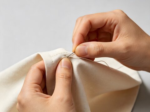 Close up of hands sewing white fabric with a needle and thread