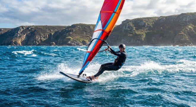Agile Windsurfer Gliding Across Choppy Ocean Waves Under a Bright Sky