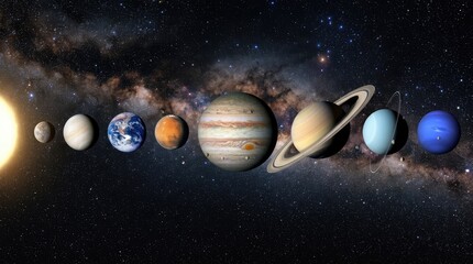 Fototapeta premium Solar System Celestial Bodies: A stunning depiction of the Sun and all eight planets in our solar system.