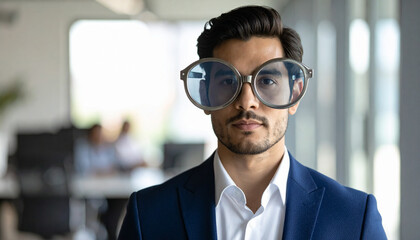 Fototapeta premium Manager in business attire wearing oversized carnival glasses with humorous confident look in office generative AI