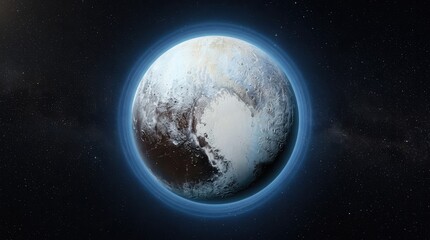 Fototapeta premium Dwarf Planet Pluto in Space: A stunning depiction of the dwarf planet Pluto, showcasing its icy surface and shrouded atmosphere against the vastness of the cosmos.