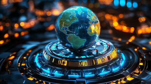 Glowing digital globe model resting on a futuristic circular machine base featuring vibrant neon blue and amber orange light accents
