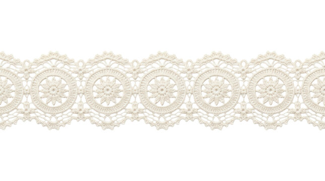 Horizontal cream floral crochet lace trim border on white background