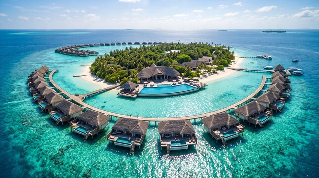 An aerial view of a luxury tropical resort featuring thatched-roof overwater villas with private pools, arranged around a lush island in turquoise lagoon waters.