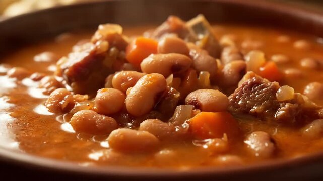 Hearty and steaming white bean stew (Feijoada or Chili) with chunks of meat, carrots, and onions in a rustic bowl, providing warm comfort food during winter.