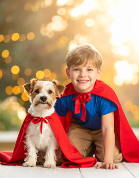 Child and small dog in coordinated carnival hero capes with delighted expression in vertical portrait generative AI