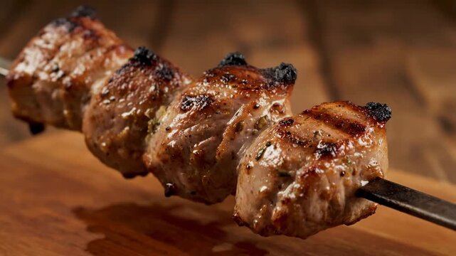 Macro close-up shot of freshly cooked, juicy grilled meat chunks (shish kebab or churrasco) on a metal skewer resting on a dark rustic wooden cutting board.