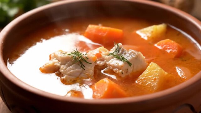 Delicious and warming fish soup served in a rustic ceramic bowl, featuring white fish fillet pieces, bright carrots, and potatoes in a rich orange broth, ready for a cozy winter meal.