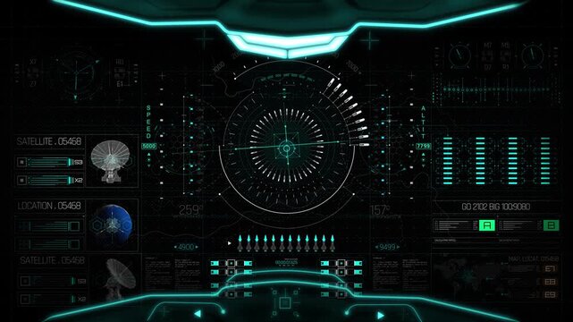 Digital display screen ship cockpit high technology hud motion background