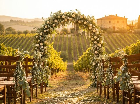 Floral wedding arch with white roses and greenery over an aisle between wooden chairs, petals on the ground, vineyard rows at sunset, farmhouse in distance