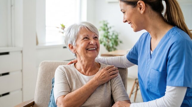 Smiling senior woman sitting on sofa, holding shoulder as a female caregiver in blue uniform supports her; warm home care moment in a bright room