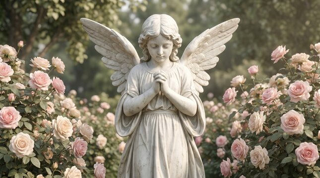 White stone angel statue with folded hands and spread wings, surrounded by blooming pale pink roses and green foliage in soft daylight, serene memorial and faith concept