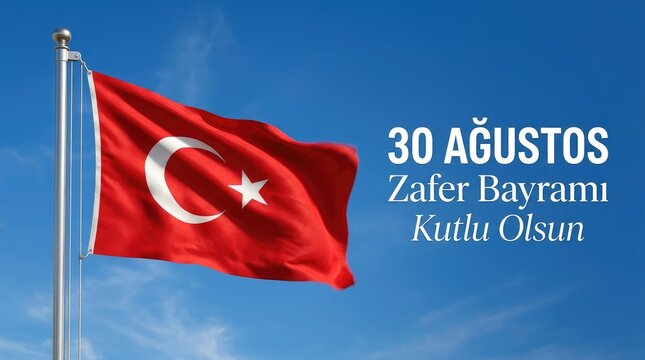 30 Agustos Zafer Bayrami Kutlu Olsun banner with Turkish flag waving on flagpole against blue sky