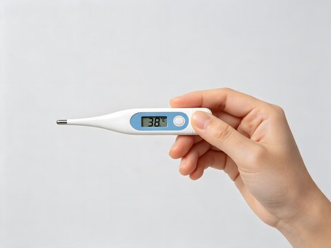 Person holding digital thermometer showing high fever reading
