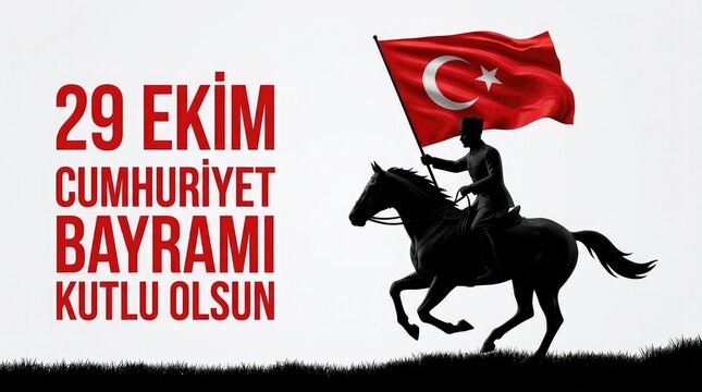 29 Ekim Cumhuriyet Bayrami Kutlu Olsun banner with soldier riding horse holding Turkish flag