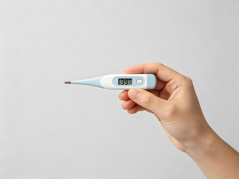 Hand holding a digital thermometer showing high fever temperature