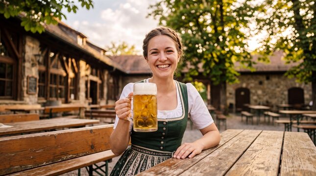 Happy Woman in Traditional Dirndl Holding Cold Draft Beer Stein in Outdoor Garden