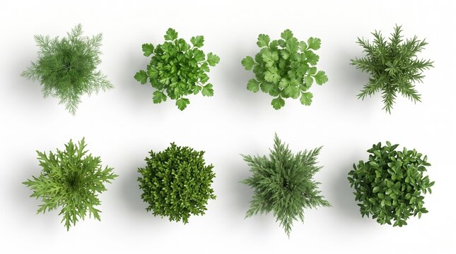 Top view of eight green herb and shrub clusters arranged in two rows on a flat surface, with varied leaf shapes and textures; no text