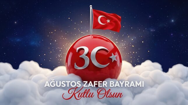 30 Agustos Zafer Bayrami Kutlu Olsun 3D banner with Turkish flag on sphere above clouds
