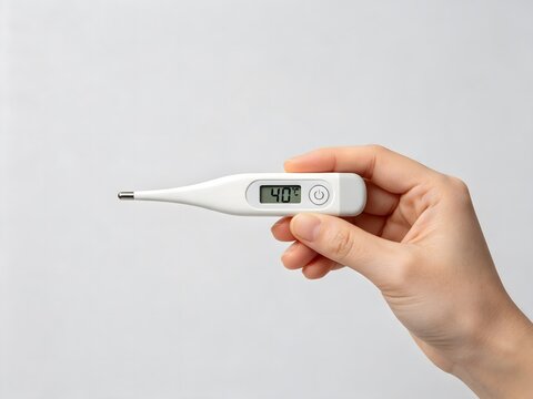 Hand holding digital thermometer showing high fever reading
