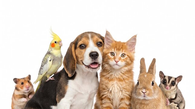 Group of adorable pets including beagle dog, ginger kitten, rabbit, cockatiel, hamster, and sugar glider sitting together; no text visible