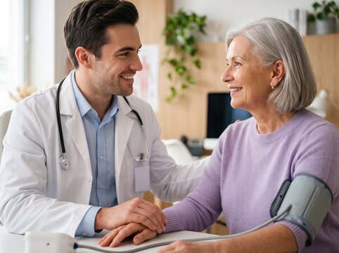 Smiling doctor in white coat holds an elderly woman's hand during a checkup; blood pressure cuff on her arm in a bright clinic office with plants and computer