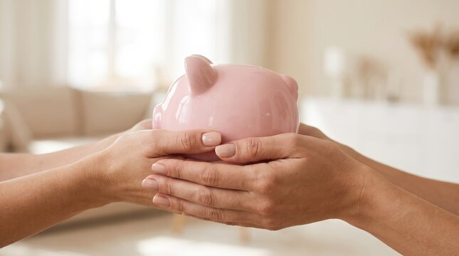 Close-up of two pairs of hands exchanging a pink piggy bank, symbolizing saving and financial support; soft focus indoor light, copy space
