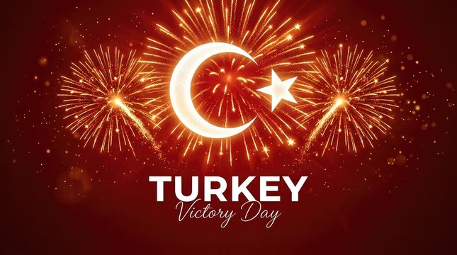 Turkey Victory Day banner with glowing crescent star emblem and festive fireworks on dark background