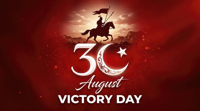 30 August Victory Day banner with crescent star badge and soldier riding horse silhouette